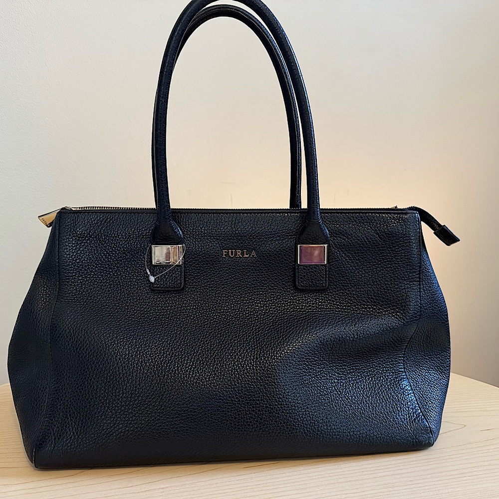Furla Amelia Black Pebbled Leather Classic Large Shoulder Tote Bag Purse